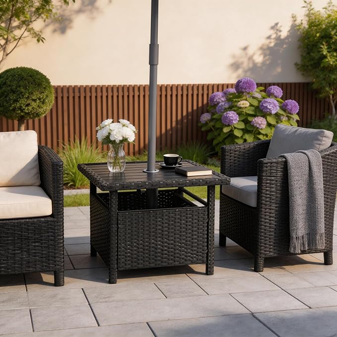 Sundale Outdoor Umbrella Stand with 2 Weight Bags, Patio 22 in Wicker Side Table with Umbrella Hole, All Weather Small Rattan Umbrella Base for Deck Yard Poolside Porch, Black