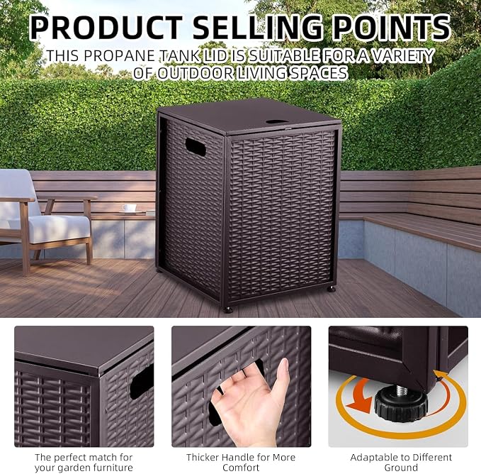 20 LB Propane Tank Cover Table with Side Handles，Sturdy 16 Inch Propane Tank Holder with Adjustable Foot Pads，Outdoor Gas Tank Cover for Patio, Deck & Backyard（Brown）