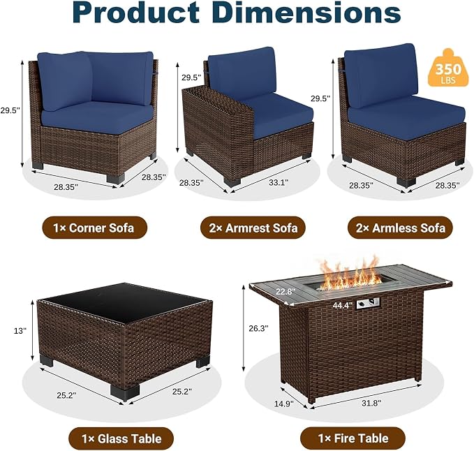7 Piece Patio Furniture Set with Fire Pit Table, Outdoor Conversation Sets Wicker Rattan Sectional Sofa with Coffee Table for Patio Garden Backyard, 4'' Thickened Cushion Navy Blue