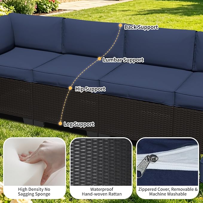 7 Pieces Outdoor Patio Furniture Set, Wicker Modular Sectional Sofa, All Weather Conversation Sets with Glass Table for Yard, Garden, Poolside