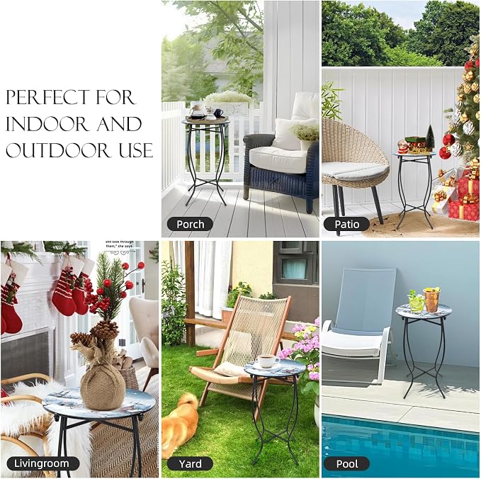 21 Inch Tall Metal Side Table, Unique Christmas Tabletop with Metal Frame, Round End Bedside Table Accent Table for Bedroom Patio Yard Porch Balcony Garden