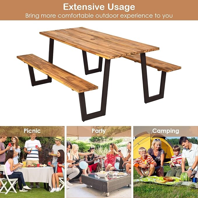 HAPPYGRILL Outdoor Picnic Table Bench Set with Wood Top & Steel Frame, Patio Dining Picnic Table Set with Umbrella Hole for Garden Backyard, Patented