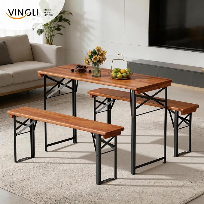 VINGLI 45 Inch Folding Picnic Tables with Benches Set, Weather-Resistant Wooden Beer Garden Table Bench, 3-Piece Portable Fold Up Camping BBQ Table,Walnut Color