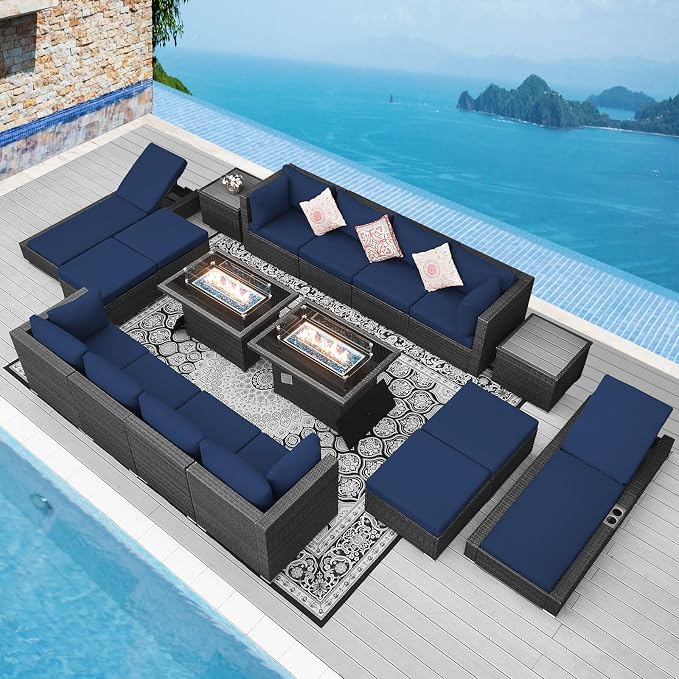 NICESOUL 18 Piece Extra Large Luxury Patio Furniture Set with Firepit, Outdoor Sectional w/Chaise Lounge, Comfy 29.3" High Back Couch Deep Seat, All-Weather Wicker Conversation Set, Gray & Blue