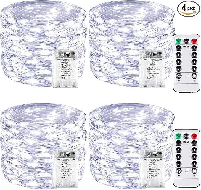 4 Pack 60 LED Fairy Lights Battery Operated with Remote, 20 FT Cool White | Cuttable, 8 Modes, Memory, Dimmable, Waterproof Battery String Lights with Timer for Indoor Outdoor, Christmas Decorations
