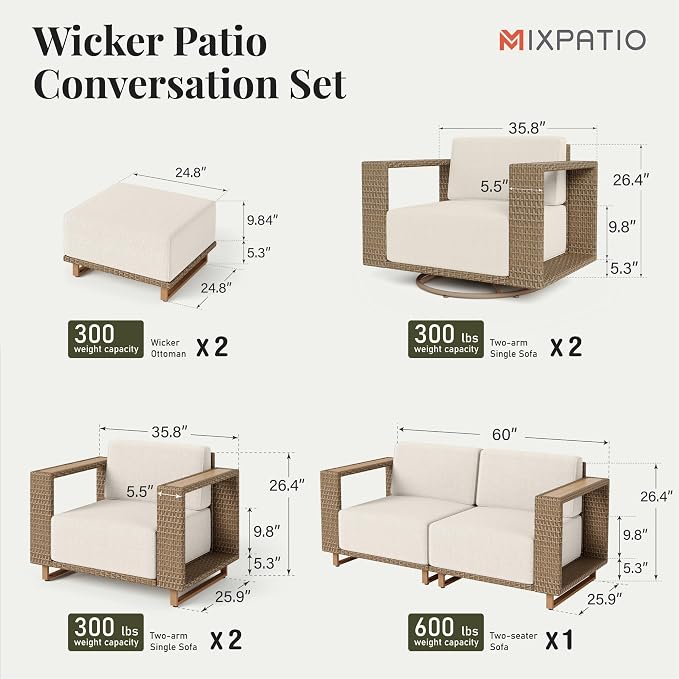 MIXPATIO Patio Furniture Set with Swivel Chairs, 7 Piece Outdoor Wicker Sofa Couch Set, Yellow Rattan Deep Seating Conversation Sets with 10" Thick Cushions, Low Profile Deck Lawn Garden Furniture