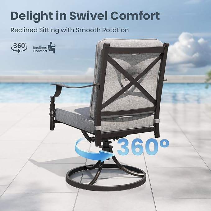PHI VILLA 7pc Outdoor Dining Set w/Metal Table & Chairs, Gray | 60" wrought iron table w/ umbrella hole. Swivel & fixed chairs for 6. Furnitre set for patio, deck, porch, backyard