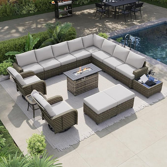 LET'S PATIO Luxury Patio Furniture Set with Fire Pit Table, 15 Piece Outdoor Furniture Set with Swivel Rocker Chairs & Ottomans, All-Weather Patio Sectional Sofas with Thickened Cushions, Grey