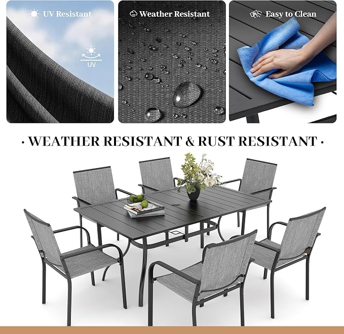 Anmutig 7-Piece Outdoor Dining Set, Powder Coated Steel Table with 6 Stackable Chairs and Rectangular Table, Grey Fabric