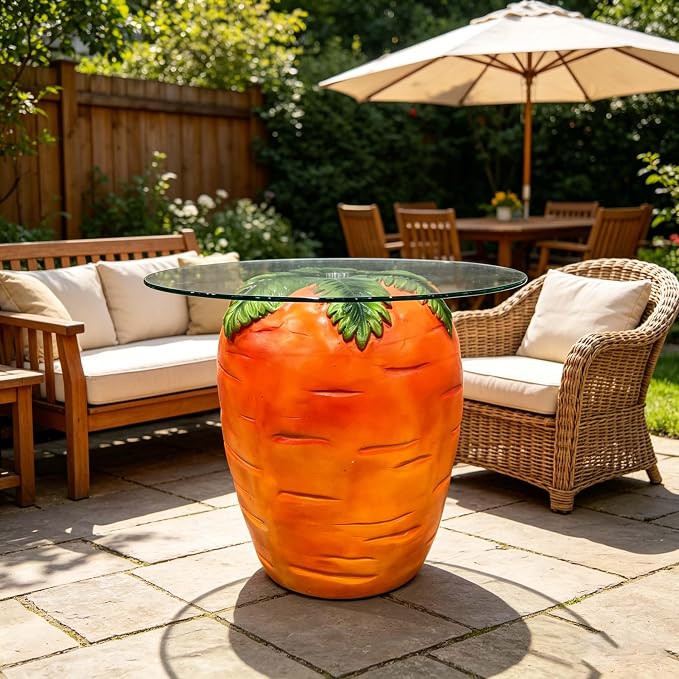 Carrot Shaped Side Table with Glass Top Resin Fruit Stool Novelty End Table for Living Room Bedroom Patio Garden, Outdoor Indoor Accent Table