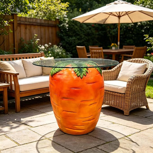 Carrot Shaped Side Table with Glass Top Resin Fruit Stool Novelty End Table for Living Room Bedroom Patio Garden, Outdoor Indoor Accent Table