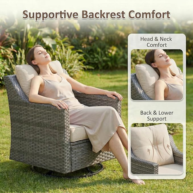 5-Piece Outdoor Patio Furniture Set, Grey Wicker Conversation Set with Sofa, 2 Swivel Chairs and 2 Ottomans, 6-Inch Beige Cushions for Deck, Backyard, Poolside