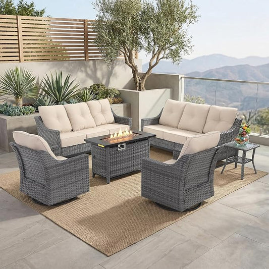 6 Piece Patio Furniture Set with Fire Pit,360°Swivel Patio Chairs Set of 2, Outdoor 2 Sofas,Side Table,Cozy 60,000 BTU Rectangle Fire Pit Table, Wicker Patio Sets with 6 Inch Thick Cushions