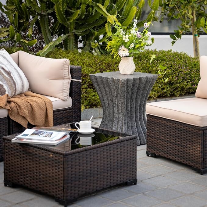 Outdoor Side Table – Lightweight Stone Patio Coffee Stand, Concrete End Table for Backyard, Balcony,Living Room,Bedroom(Wooden Stripes)