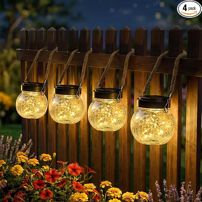 ROSHWEY 4 Pack M Size Solar Lantern Gifts for Women - Outdoor Solar Lanterns Waterproof with 15 LED Hanging Garden Patio Backyard Decor Lights for Halloween Christmas Easter Gift