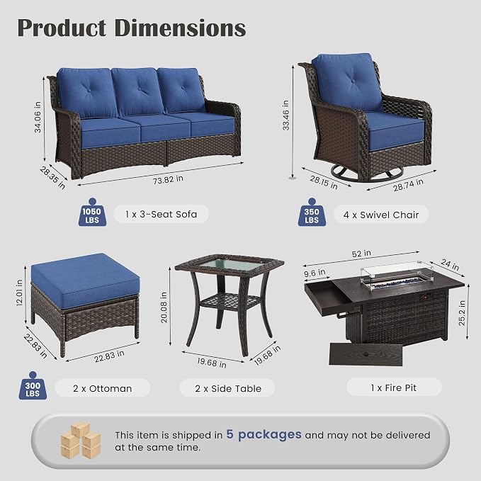 Sundale Outdoor Wicker Patio Furniture Set with Fire Pit, 10 Piece Outdoor Furniture Set with Swivel Chairs, Couch & Ottoman, High Back Patio Conversation Sets with 6" Cushions for Yard, Deck (Blue)