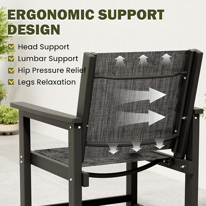7 Piece HDPE Patio Dining Set, All-Weather Outdoor Table and Chair Sets with Umbrella Hole Outdoor Dining Table Sets of 6 Textilene Fabric Patio Chairs for Backyard, Poolside, Garden, Deck(Black)