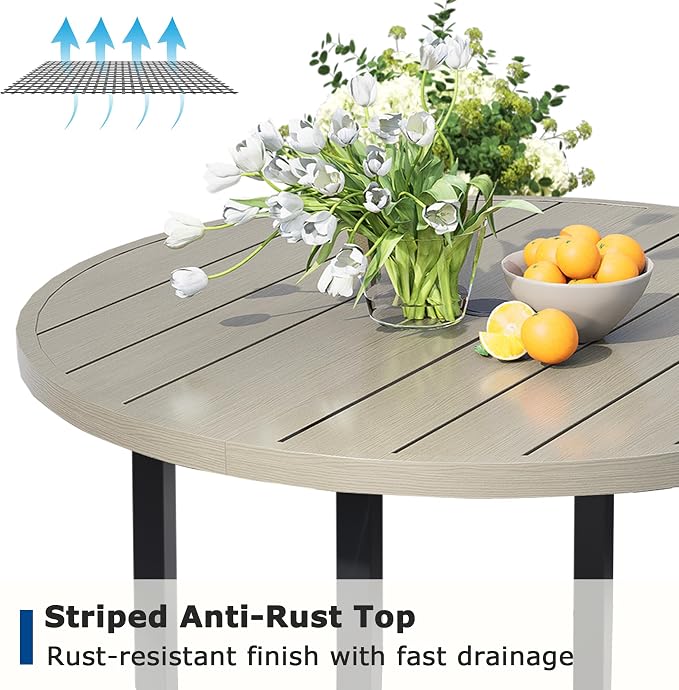47" Round Patio Table with Umbrella Hole, Metal Outdoor Dining Table for Garden, Backyard and Deck, 6 Person Round Patio Dining Table for Outside, Honey Oak