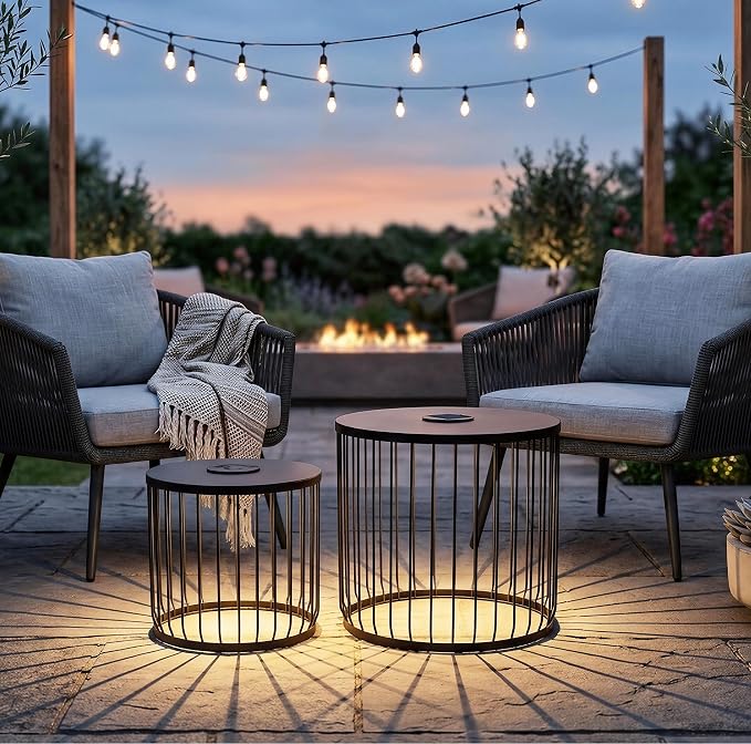 2-Pack 17.7 and 13.8 Inch Outdoor Side Tables, Solar Powered Side Tables with LED Lights, Round Metal Nesting Patio End Tables for Balcony Garden or Living Room, Black