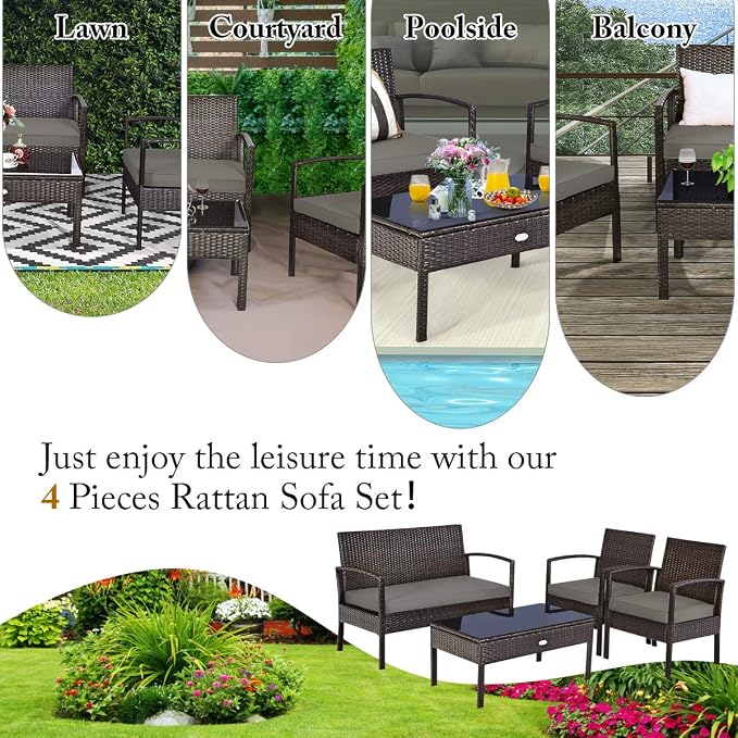 Outdoor Conversation Set 4 Pieces Patio Furniture, Wicker Patio Chair Sofa Set with Water-Resistant Dark-Brown Cushion & Tempered Glass Table for Backyard, Balcony, Porch(Brown)