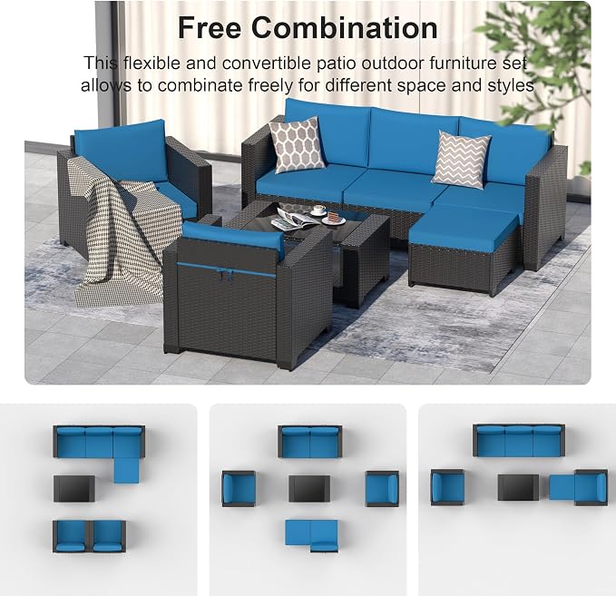 7PCS Patio Furniture Set, Outdoor Furniture All Weather Balcony Furniture with Thick Anti-Slip Cushions & Glass Table PE Rattan Patio Conversation Set for Backyard Garden (Peacock-Blue/XB, 7PCS)