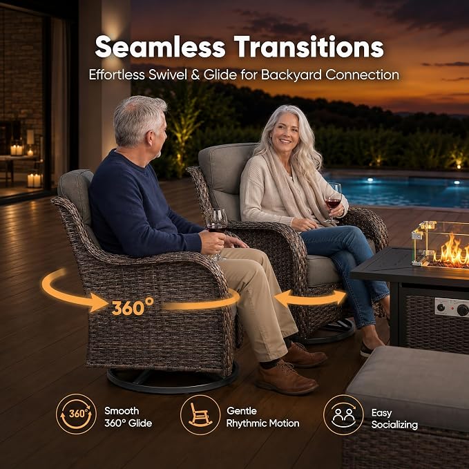 HUMMUH 10-Piece Wicker Patio Furniture Set with Fire Pit | 360-degree swivel chairs, 6-inch cushions, all-weather PE wicker, olefin fabric, 50000 BTU fire pit