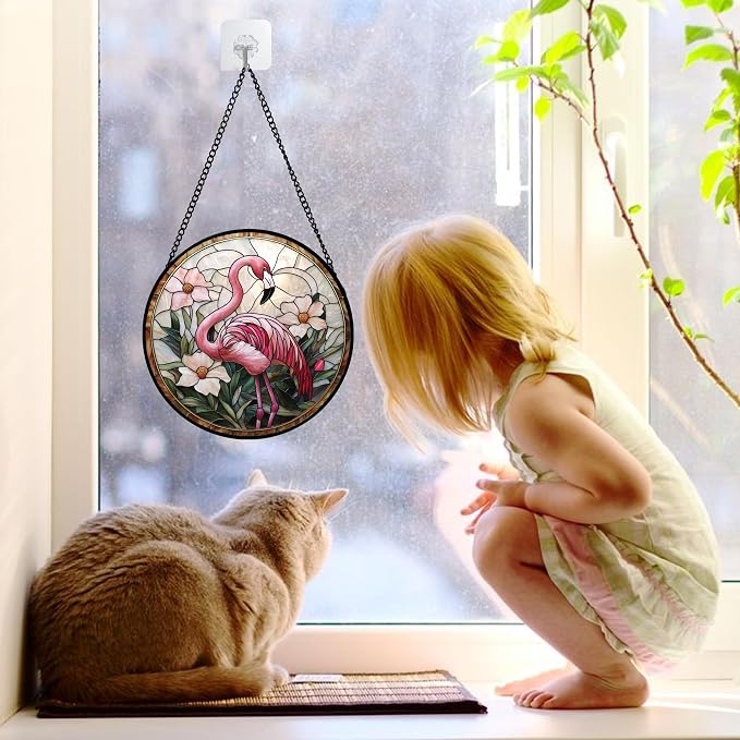 DASTOLL Stained Glass Window Hanging, Flamingo Flower Sun Catchers Diamond Glass Panel Hangings Pink Suncatcher Decor for Birthday for Women, Men, Wife, Aunt, and Mom 6.3 in