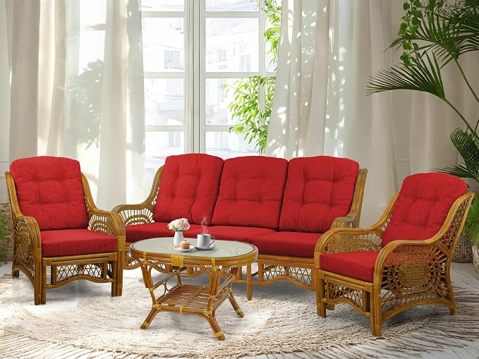 Malibu Lounge Set of 4: 2 Natural Rattan Wicker Chairs, Three-Seater Sofa with Cushions and Coffee Table with Glass Handmade, Colonial Color