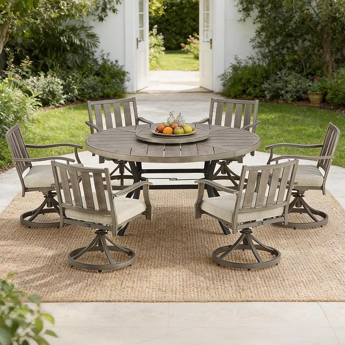 PEAK HOME FURNISHINGS Outdoor Aluminum Dining Set, 60" Round Dining Table with 6 Swivel Dining Chairs