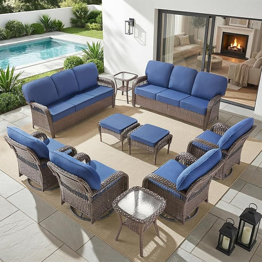 Belord Patio Wicker Swivel Rocker Patio Chairs with 3-Seater Sofa, Outdoor Rattan Chairs for Deck Porch Poolside, 10 Piece Patio Conversation Furniture Set,Blue