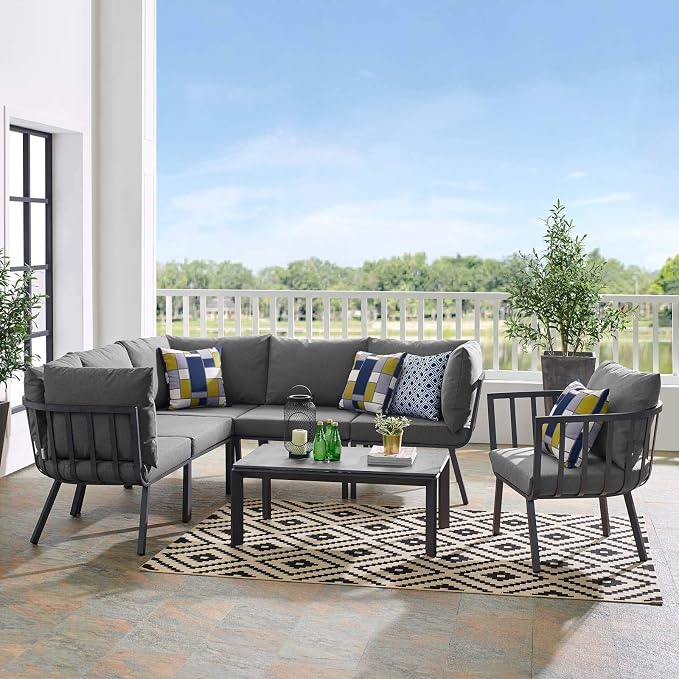 Modway Riverside 7 Piece Outdoor Patio Aluminum Set, 85.5 x 114 x 28, Gray Charcoal
