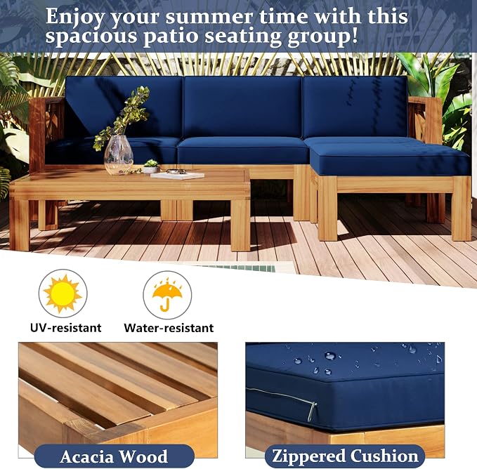 5-Piece Outdoor Backyard Patio Set, Acacia Wood Sectional Sofa Seating Group Set with Tea Table and Cushions, Conversation Furniture Set for Garden Backyard Poolside (Natural Finish+ Blue Cushions 2)