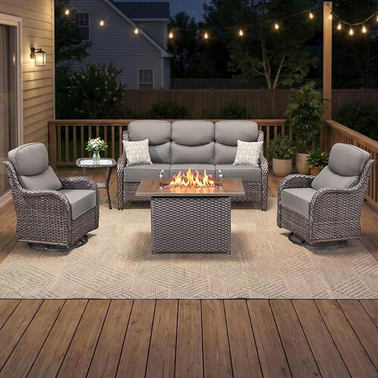 Luxury Swivel Rocker Chairs Fire Pit Table Set with 6" Thick Cushion 5 piece Wicker Outdoor Patio Chair with Sofa,Comfortable High Back Outdoor Patio Furniture Set - Brown | Gery