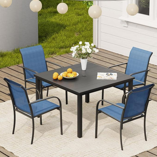 VICLLAX 5 Pieces Patio Dining Set, Patio Furniture Set of 4 Patio Stackable Dining Chairs and Outdoor Metal Square Table with Umbrella Hole for Backyard Lawn Garden, Blue Chairs and Black Table