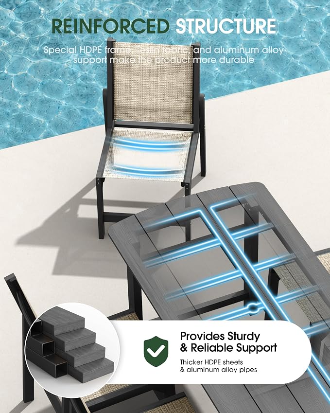 HDPE Outdoor Patio Dining Set with Table & 4 Stackable Armless Textilene Chairs, All-Weather 5-Piece Dining Table Set with Umbrella Hole, Patio Furniture for Garden, Poolside, Backyard, Deck | Grey