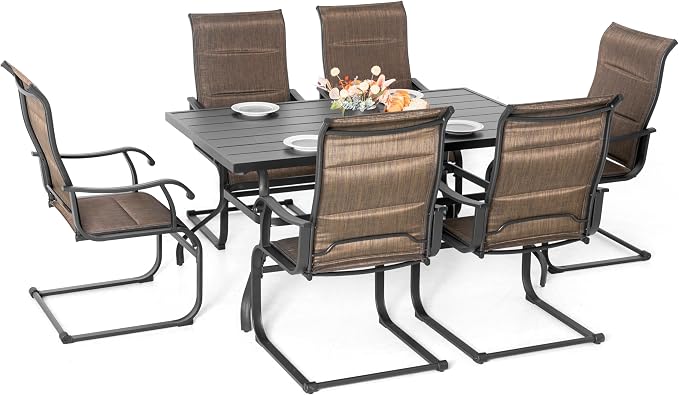NUU GARDEN 7 Piece Outdoor Patio Dining Set for 6, 61" Rectangular Dining Table with Umbrella Hole and 6 All-Weather Padded Textilene Chairs, Brown and Black