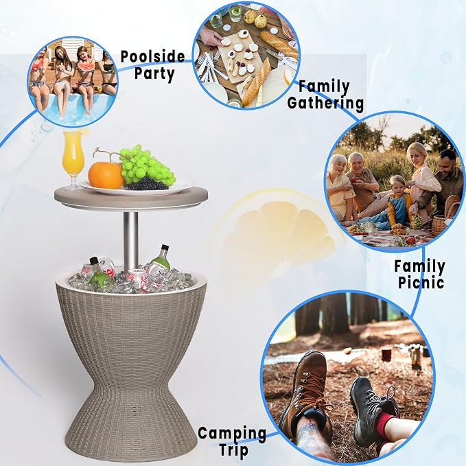 Outdoor Cooler Table – Adjustable Height with Built-in Ice Cooler Side Table, Resin Cool Bar for Patio, Party, Pool, Garden (Gray)