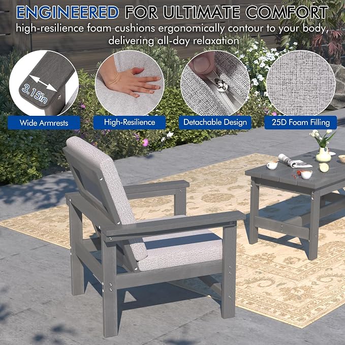 4-Piece HDPE Patio Furniture Set, All-Weather Outdoor Sectional Sofa Set with Coffee Table & Cushions - Wood-Like Composite Conversation Couch for Deck, Lawn, Balcony - Grey Frame