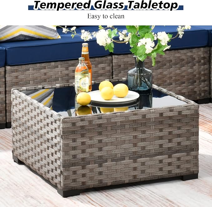 HOOOWOOO Outdoor Patio Sectional Furniture Sofa Set with Widened Armrest,12 Piece Large Modern Wicker Couch,Modular L Shaped Conversation Seating Set with Table for Out Door Garden Corner(Navy Blue)