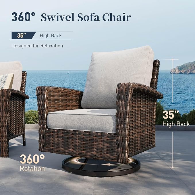 SUNSHINE VALLEY 6 Piece Patio Furniture Set with Swivel Chairs, High Back Wicker Rattan Sofa with Extra Thick Cushion, Coffee Table and Ottoman, Outdoor Conversation Set for Backyard Deck, Grey