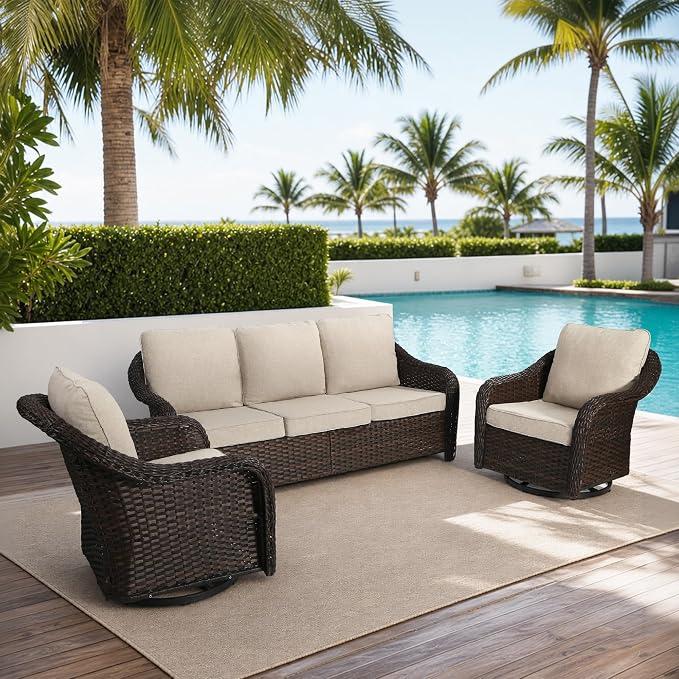 3 Piece Patio Wicker Conversation Set, All-Weather Use Outdoor Wicker Sofa with 2 PE Rattan 360 Swivel Chair, Ideal for Porch, Backyard, Balcony, Poolside, Beige