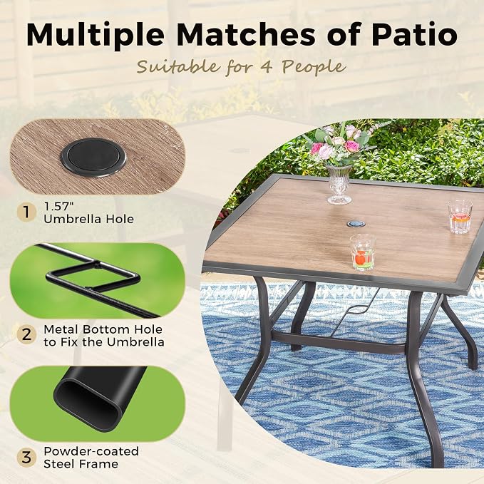 MIXPATIO Outdoor Patio Square Dining Table, 37"x 37" Wood-Like Tabletop with Adjustable Umbrella Hole and Faux Wood Tabletop, All Weather Wrought Iron Black Outdoor Table for Deck Lawn Backyard