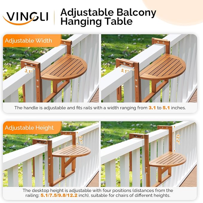 VINGLI 22in Acacia Wood Folding Balcony Hanging Table – Adjustable Height & Width, Balcony Railing Table Ideal for Different Railing Widths,Perfect for Balcony,Patio,Semicircular,Natural Wood Color