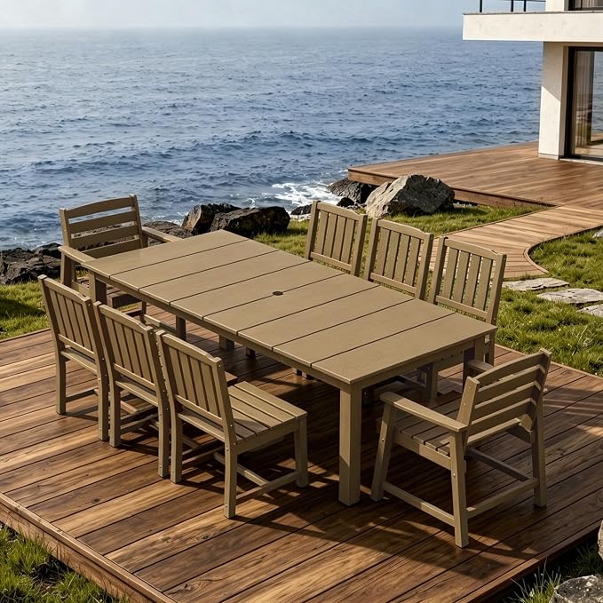 AreShark Outdoor Dining Table,All Weather Rectangular Patio Table for 6,Heavy-Duty HDPE Table with Umbrella Hole and Aluminum Frame,Weatherproof Outdoor Furniture for Backyard, Garden,Brown