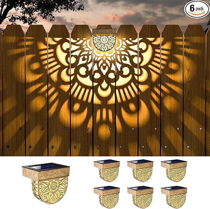 6 Pack Solar Fence Lights Outdoor Wall Lights Gold Plastic Solar Powered Deck Step Stair Lights Mandala Theme Waterproof Fence Solar Light for Garden Post Patio Backyard Yard Decor