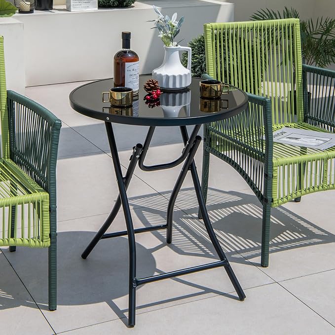 Giantex 23 Inch Round Bistro Table, Patio Folding Cocktail Table with Tempered Glass Tabletop, Heavy-Duty Metal Frame, Outdoor Portable Bistro Table for Deck, Backyard, Poolside