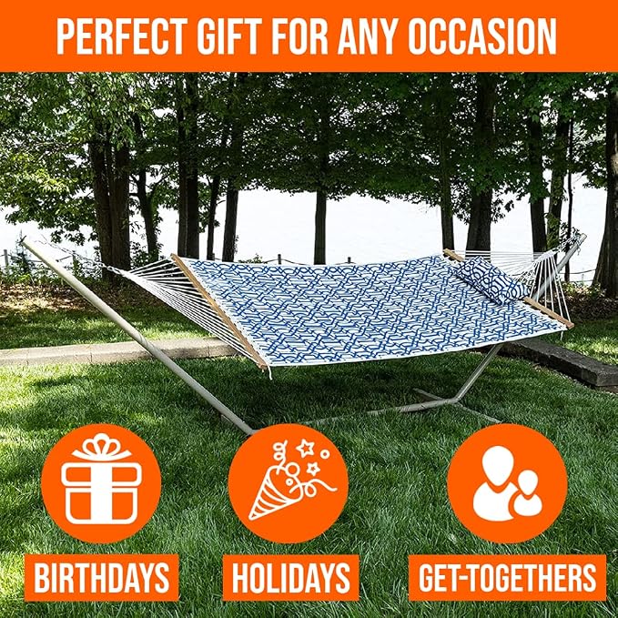 Castaway Living Large 2-Person Quilted Hammock with Stand & Pillow – Navy, 10 ft. L x 52 in. W, 350 lb Capacity, Weather-Resistant Polyester, Portable Space-Saving Frame