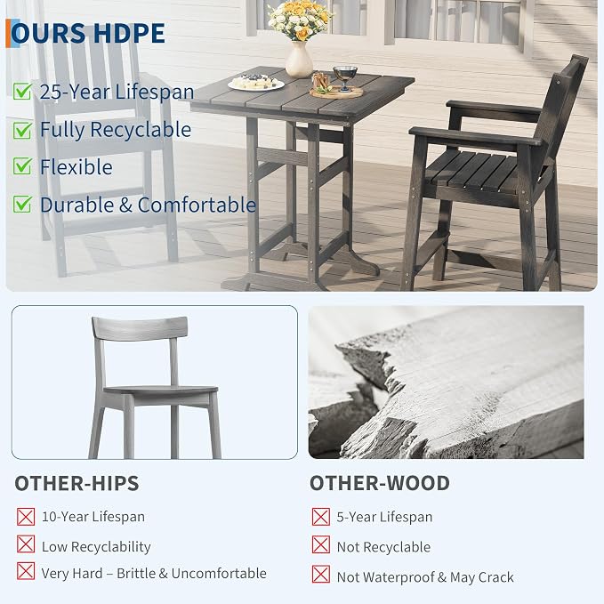 GarveeLife Outdoor Counter Height Bar Dining Table, HDPE Wood Grain Tall Bar Table – 39.6" High Square Pub Table, Cocktail Bistro Table Fits, for Patio, Garden, Poolside, Balcony & Yard (Dark Grey)