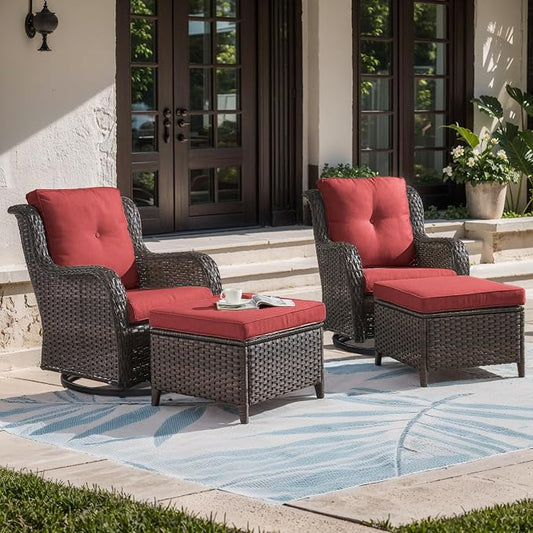 Outdoor Swivel Chairs-Patio Swivel Glider Chairs with Ottomans Outdoor Conversation Set for Deck Balcony Poolside Backyard-Brown/Red