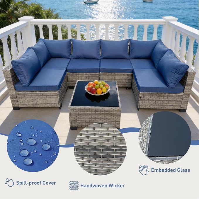 7-Piece Patio Furniture Set, Outdoor Wicker Conversation Sofa Set with Coffee Table & Extra Thick 8.5" Cushions, All-Weather Sectional for Backyard, Porch, Poolside (Navy Blue, 7PCS)